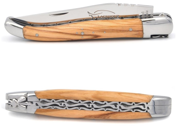 Laguiole pocket knife, 12 cm, chiseled doubles plates, olive wood handle with shiny bolsters