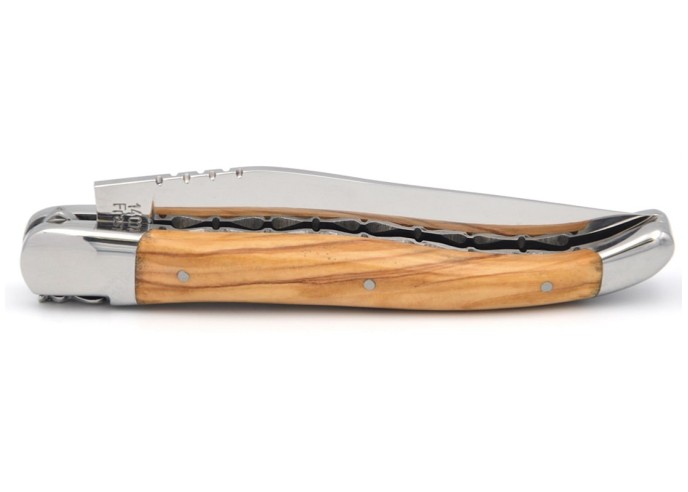 Laguiole pocket knife, 12 cm, chiseled doubles plates, olive wood handle with shiny bolsters