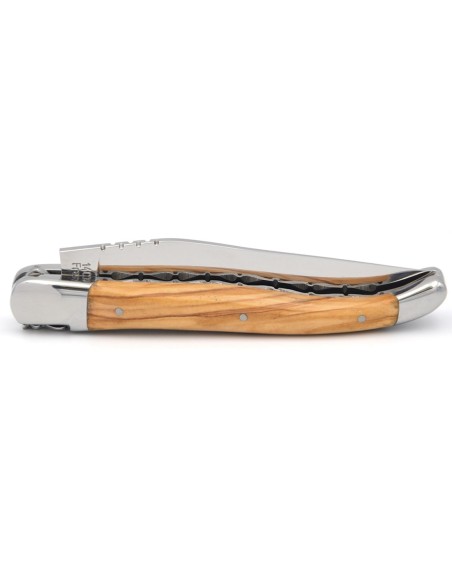 Laguiole 12cm, Doppelplatinen ziseliert, Heftbacken aus glänzendem Edelstahl, Olivenholz