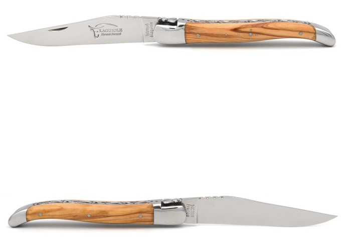 Laguiole pliant, 12cm, manche en olivier, doubles platines ciselées