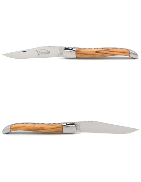 Laguiole 12cm, Doppelplatinen ziseliert, Heftbacken aus glänzendem Edelstahl, Olivenholz