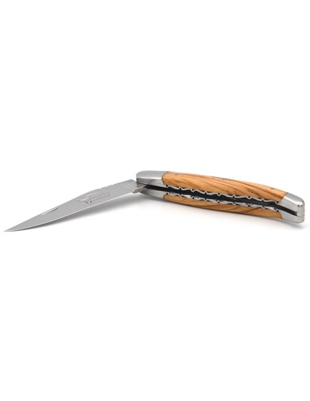 Laguiole 12cm, Doppelplatinen ziseliert, Heftbacken aus glänzendem Edelstahl, Olivenholz