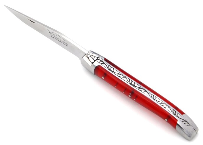 Laguiole pocket knife, 11 cm, welded bee,  red acrylic handle with shiny bolsters