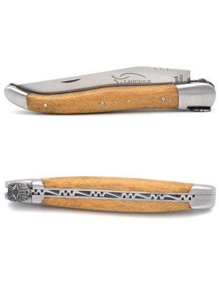 Laguiole pliant 12 cm, tête de loup, lame seule, manche en acacia avec finition inox mat