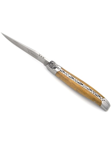 Laguiole Klappmesser, 12cm, Wolf-Kopf , Heftbacken aus mattem Edelstahl, Griff aus Akazie
