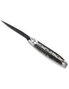 Laguiole pliant 12 cm, lame brut de forge, abeille ciselée au burin, doubles platines ciselées, manche en abalone, inox brillant 2