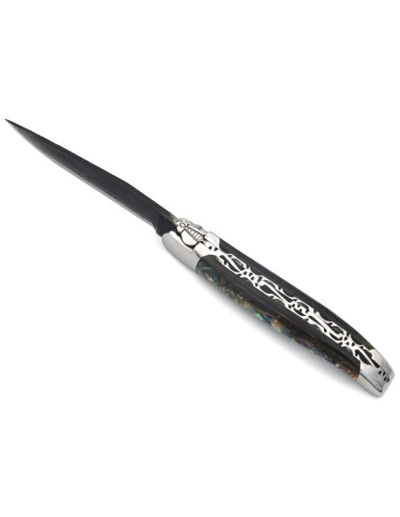 Laguiole pocket knife, 12 cm, brut de forge blade, double plates and bee hand chiseled, abalone handle, shiny bolsters
