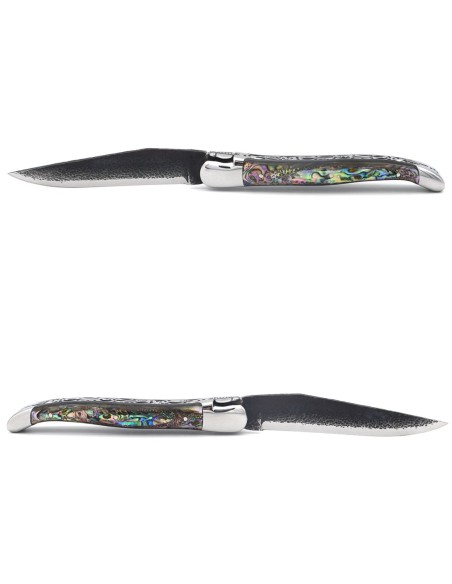 Laguiole 12cm, Edelstahl als 'brut de forge' Klinge, Biene und Doppelplatinen ziseliert, Griff aus Seeohrenholz