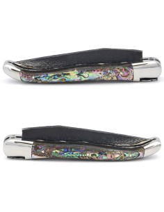 Laguiole pliant 12 cm, lame brut de forge, abeille ciselée au burin, doubles platines ciselées, manche en abalone, inox brillant