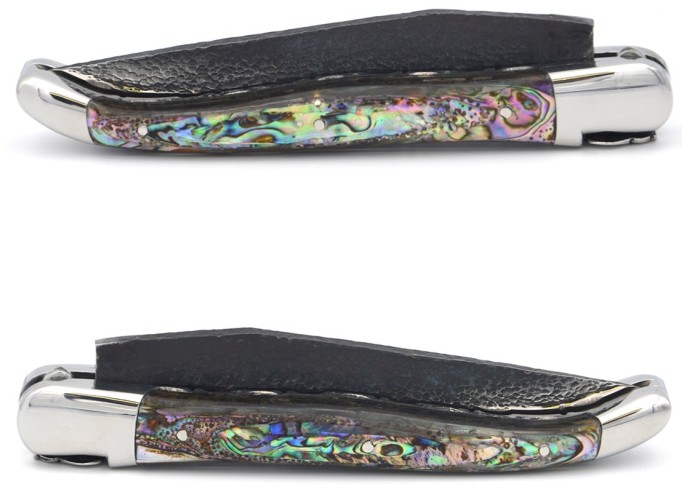 Laguiole pocket knife, 12 cm, brut de forge blade, double plates and bee hand chiseled, abalone handle, shiny bolsters