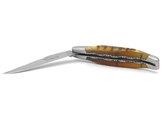 Laguiole 12cm, Doppelplatinen ziseliert, Heftbacken aus mattem Edelstahl, Hirschgeweih