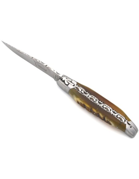 Laguiole 12cm, Doppelplatinen ziseliert, Heftbacken aus mattem Edelstahl, Hirschgeweih