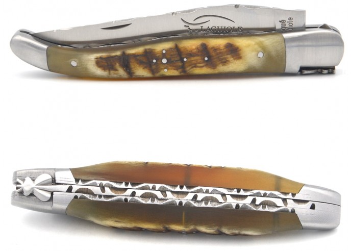Laguiole pocket knife, 12 cm, double plates and top of the blade, ram's horn handle with matt bolsters
