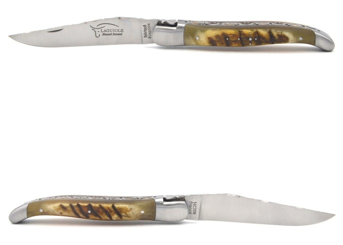 Laguiole 12 cm, lame seule, doubles platines ciselées, corne de bélier