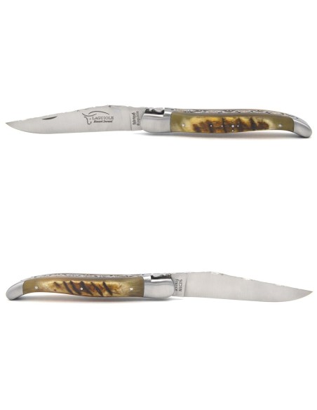 Laguiole 12cm, Doppelplatinen ziseliert, Heftbacken aus mattem Edelstahl, Hirschgeweih