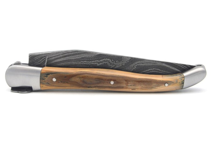 Laguiole Klappmesser, 12cm, Mammutkopf, Klinge Damast, Heftbacken aus mattem Edelstahl, Griff aus Mammutstoßzahn