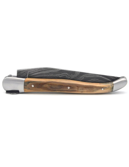 Laguiole Klappmesser, 12cm, Mammutkopf, Klinge Damast, Heftbacken aus mattem Edelstahl, Griff aus Mammutstoßzahn