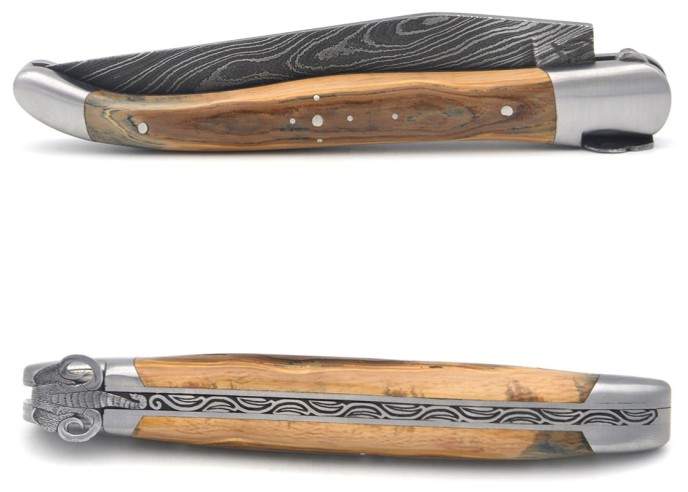 Laguiole Klappmesser, 12cm, Mammutkopf, Klinge Damast, Heftbacken aus mattem Edelstahl, Griff aus Mammutstoßzahn