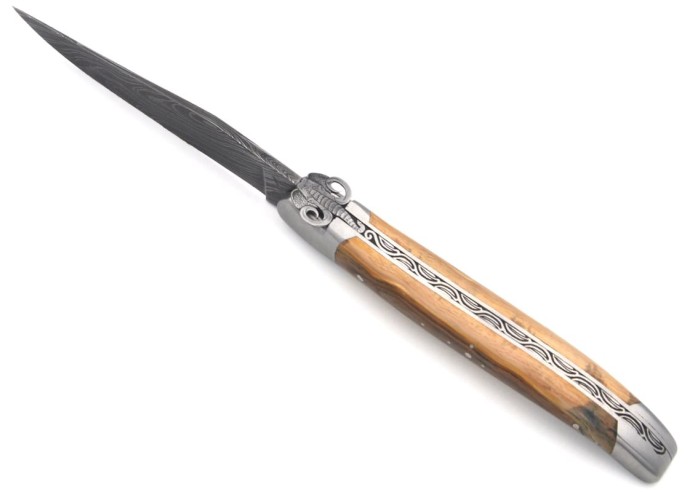 Laguiole Klappmesser, 12cm, Mammutkopf, Klinge Damast, Heftbacken aus mattem Edelstahl, Griff aus Mammutstoßzahn
