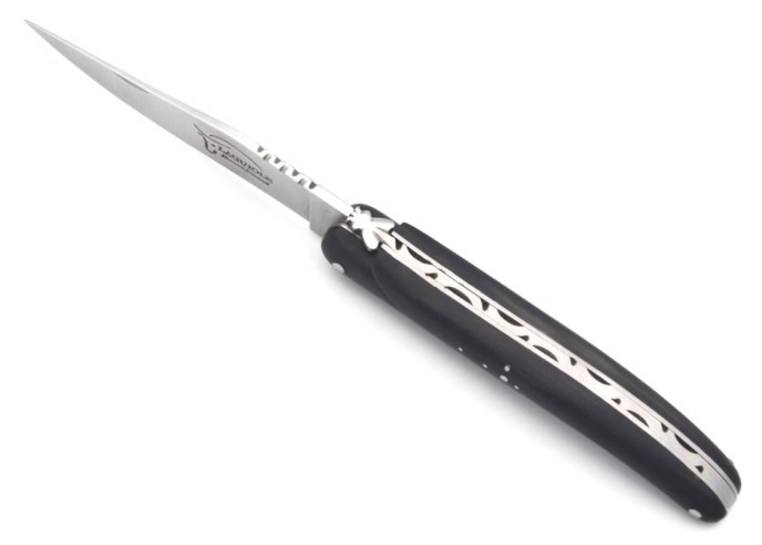Laguiole pliant 11 cm, plein manche en pointe de corne foncée