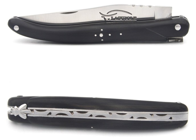 Laguiole pliant 11 cm, plein manche en pointe de corne foncée