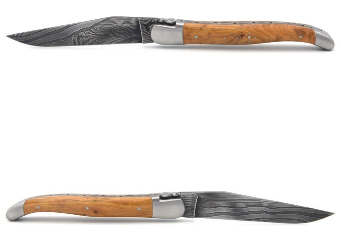 Laguiole pocket knife, 12 cm, forged bee, Damascus steel blade, juniper handle with matt bolsters