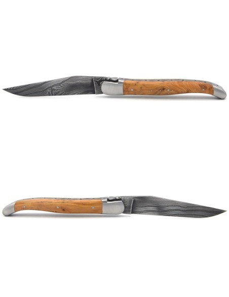 Laguiole pliant acier Damas, 12 cm, mitres inox mat, genévrier cade