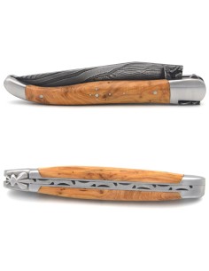 Laguiole pliant acier Damas, 12 cm, mitres inox mat, genévrier cade