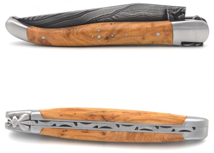 Laguiole pocket knife, 12 cm, forged bee, Damascus steel blade, juniper handle with matt bolsters