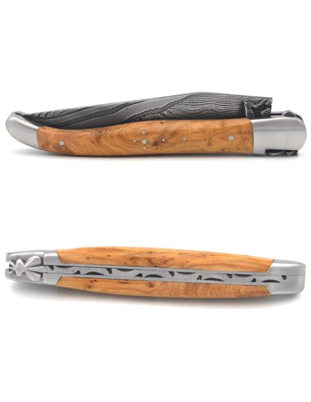 Laguiole pliant acier Damas, 12 cm, mitres inox mat, genévrier cade