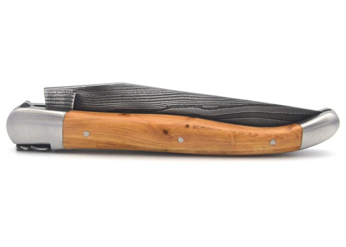 Laguiole pocket knife, 12 cm, forged bee, Damascus steel blade, juniper handle with matt bolsters