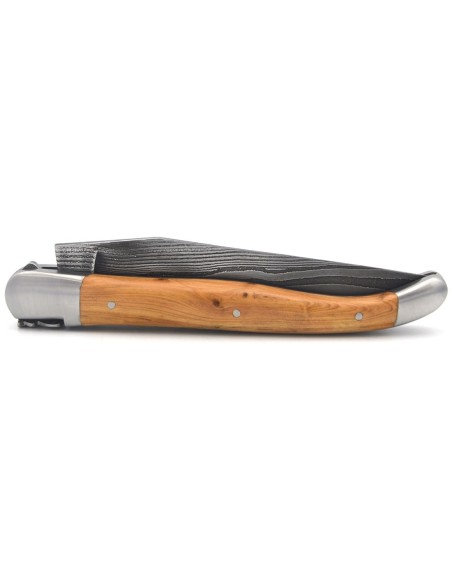 Laguiole pocket knife, 12 cm, forged bee, Damascus steel blade, juniper handle with matt bolsters
