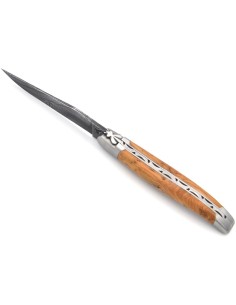 Laguiole pliant acier Damas, 12 cm, mitres inox mat, genévrier cade 2