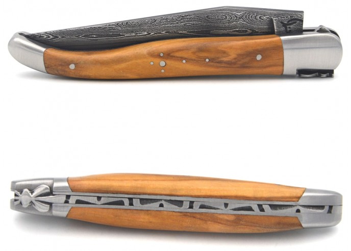 Laguiole pocket knife, 12 cm, forged bee, Damascus steel blade, olive wood handle with matt bolsters