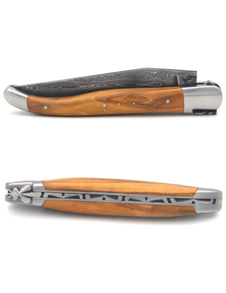 Laguiole pocket knife, 12 cm, forged bee, Damascus steel blade, olive wood handle with matt bolsters