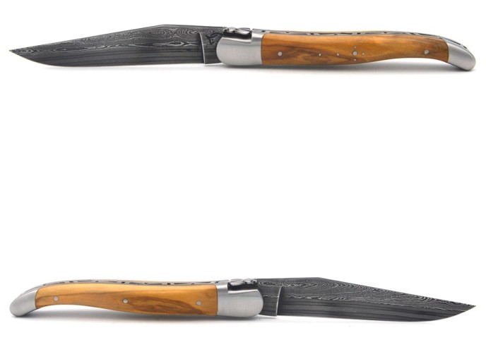 Laguiole 12cm, Damast Klinge, Heftbacken aus mattem Edelstahl , Olivenholz