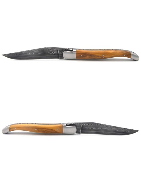 Laguiole pliant acier Damas, 12cm, mitres inox mat, manche olivier