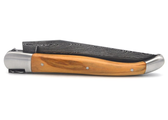Laguiole pocket knife, 12 cm, forged bee, Damascus steel blade, olive wood handle with matt bolsters