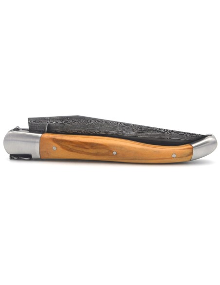 Laguiole 12cm, Damast Klinge, Heftbacken aus mattem Edelstahl , Olivenholz