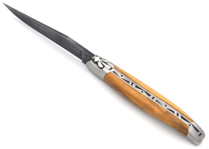Laguiole pliant acier Damas, 12cm, mitres inox mat, manche olivier
