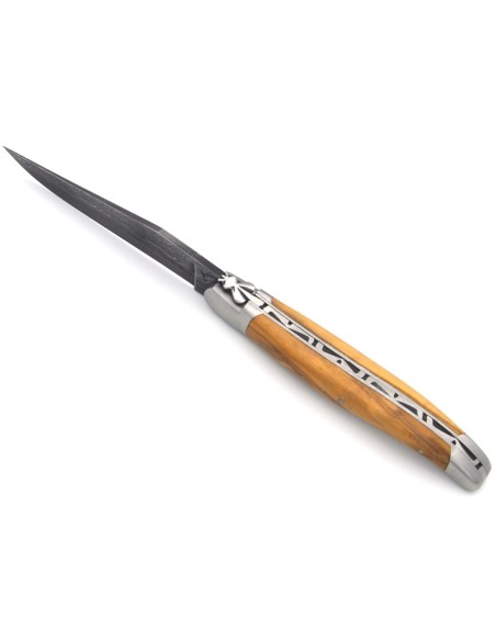 Laguiole pocket knife, 12 cm, forged bee, Damascus steel blade, olive wood handle with matt bolsters