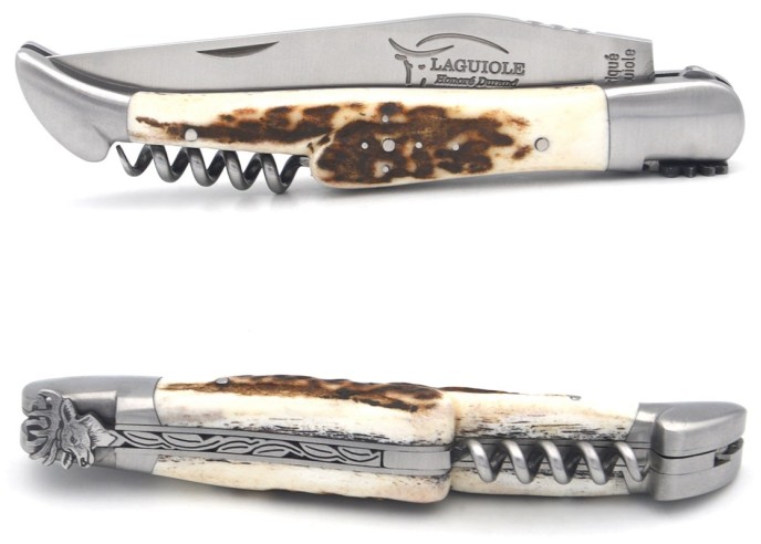 Laguiole pliant 12cm, lame, tire-bouchon et poinçon, pointe de corne foncée
