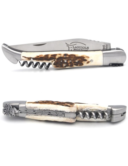 Laguiole pocket knife, 12 cm, blade and awl and corkscrew, top and bottom chiseling, horn tip handle with matt bolsters
