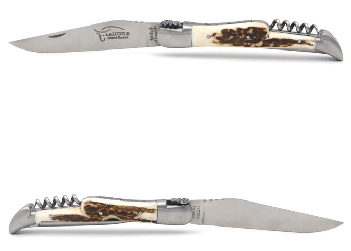 Laguiole pocket knife, 12 cm, blade and awl and corkscrew, top and bottom chiseling, horn tip handle with matt bolsters