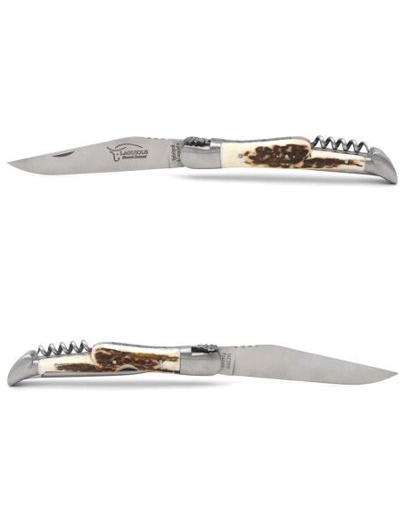 Laguiole pocket knife, 12 cm, blade and awl and corkscrew, top and bottom chiseling, horn tip handle with matt bolsters