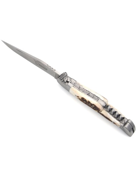 Laguiole pocket knife, 12 cm, blade and awl and corkscrew, top and bottom chiseling, horn tip handle with matt bolsters