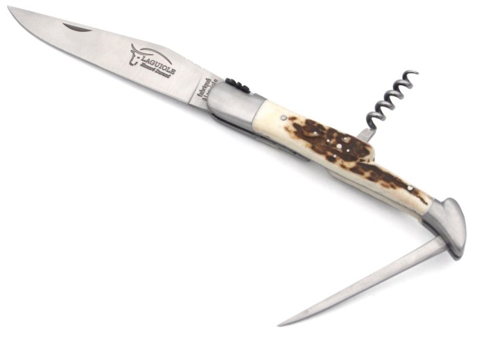 Laguiole 12cm, Klinge, Korkenzieher und Dorn, unten und oben ziselierte, Heftbacken aus mattem Edelstahl, Hornspitze