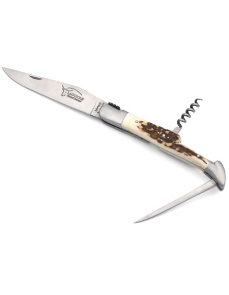Laguiole pliant 12cm, lame, tire-bouchon et poinçon, pointe de corne foncée