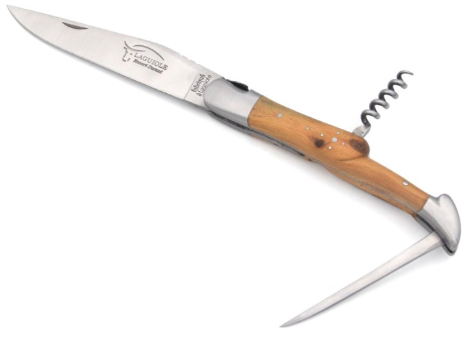 Laguiole pliant 12 cm, lame, tire-bouchon et poinçon, cade genévrier