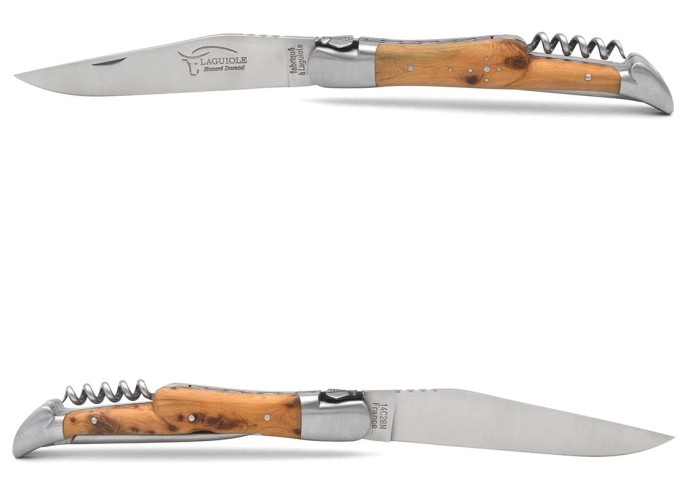Laguiole Klappmesser 12cm, Biene und Feder mit Stichel gemeißeltKlinge, Korkenzieher und Dorn, Wacholderholz, mattem Edelstahl